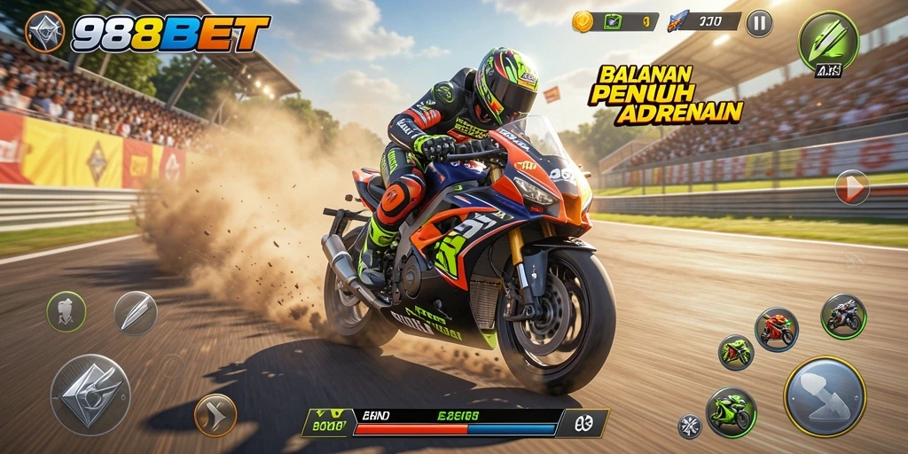 Tampilan gameplay <strong>988BET</strong> yang memukau saat balapan motor.
