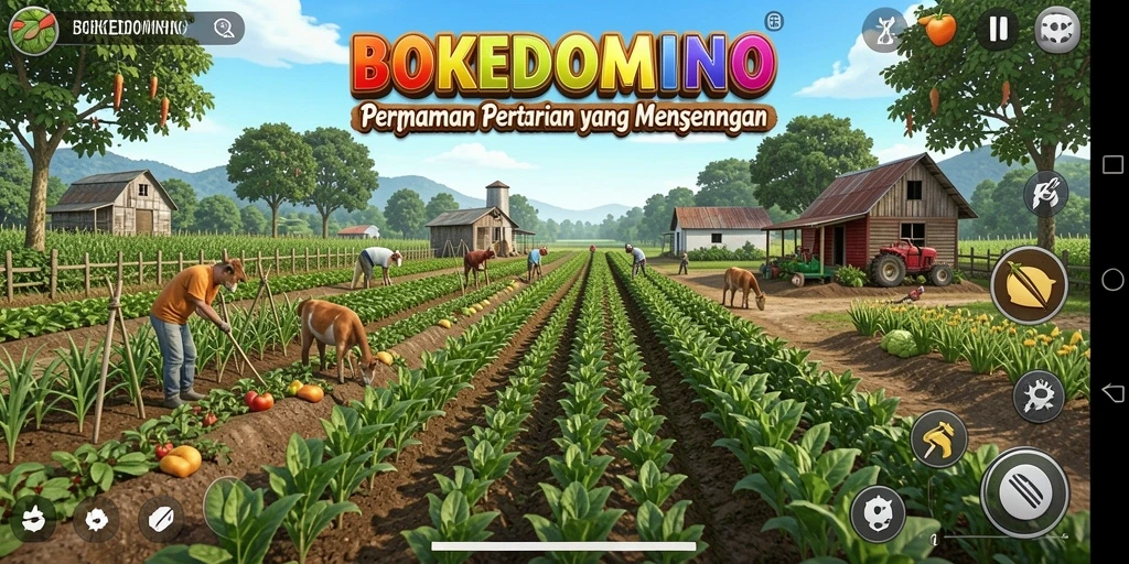 Screenshot gameplay BOKEDOMINO yang menampilkan aktivitas bercocok tanam.