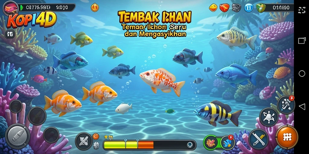 Screenshot gameplay KOPI4D menampilkan berbagai ikan dan senjata.