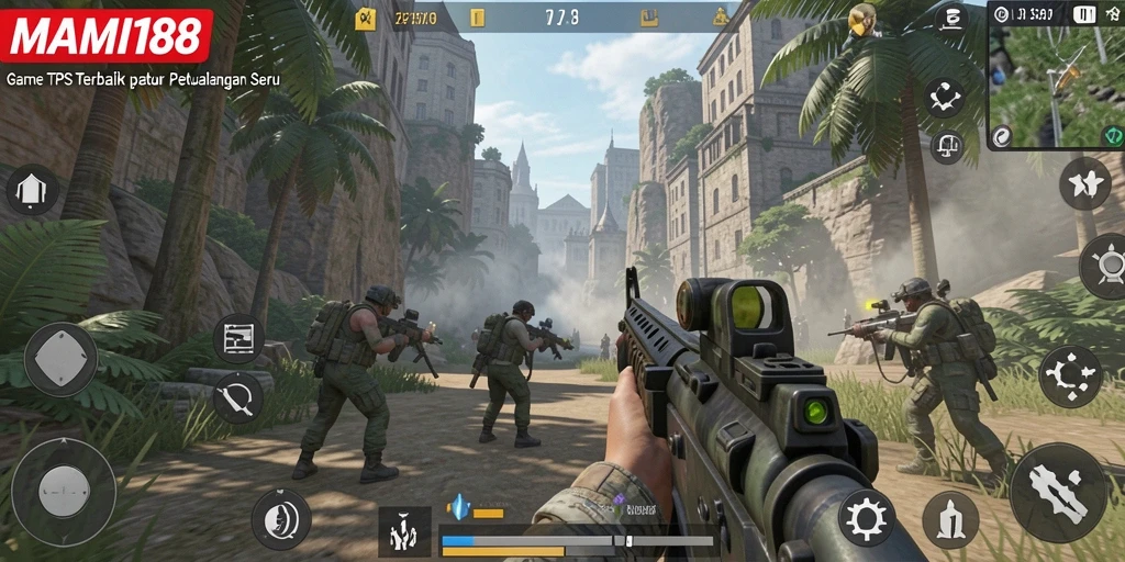 Screenshot gameplay MAMI188 dengan pertempuran intens TPS.