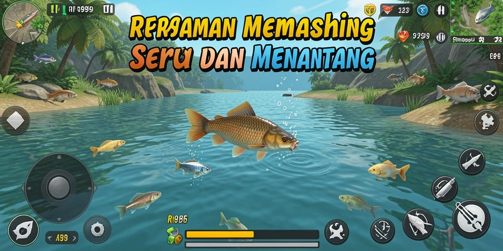Screenshot gameplay RR999 menampilkan momen seru saat memancing ikan besar.